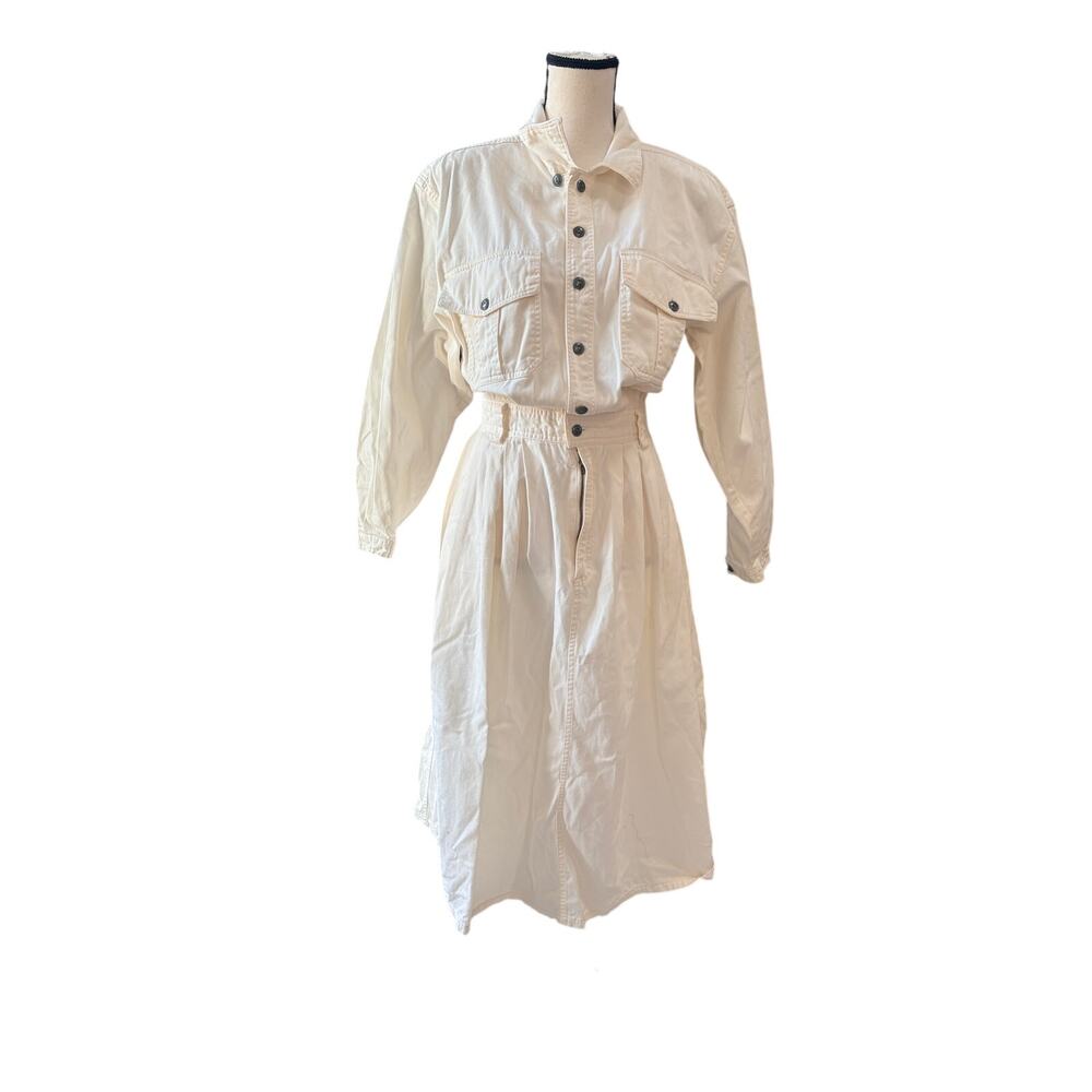 Women's Small/Medium (4-6) Cream Denim Utility Shirtdress Vintage 90s